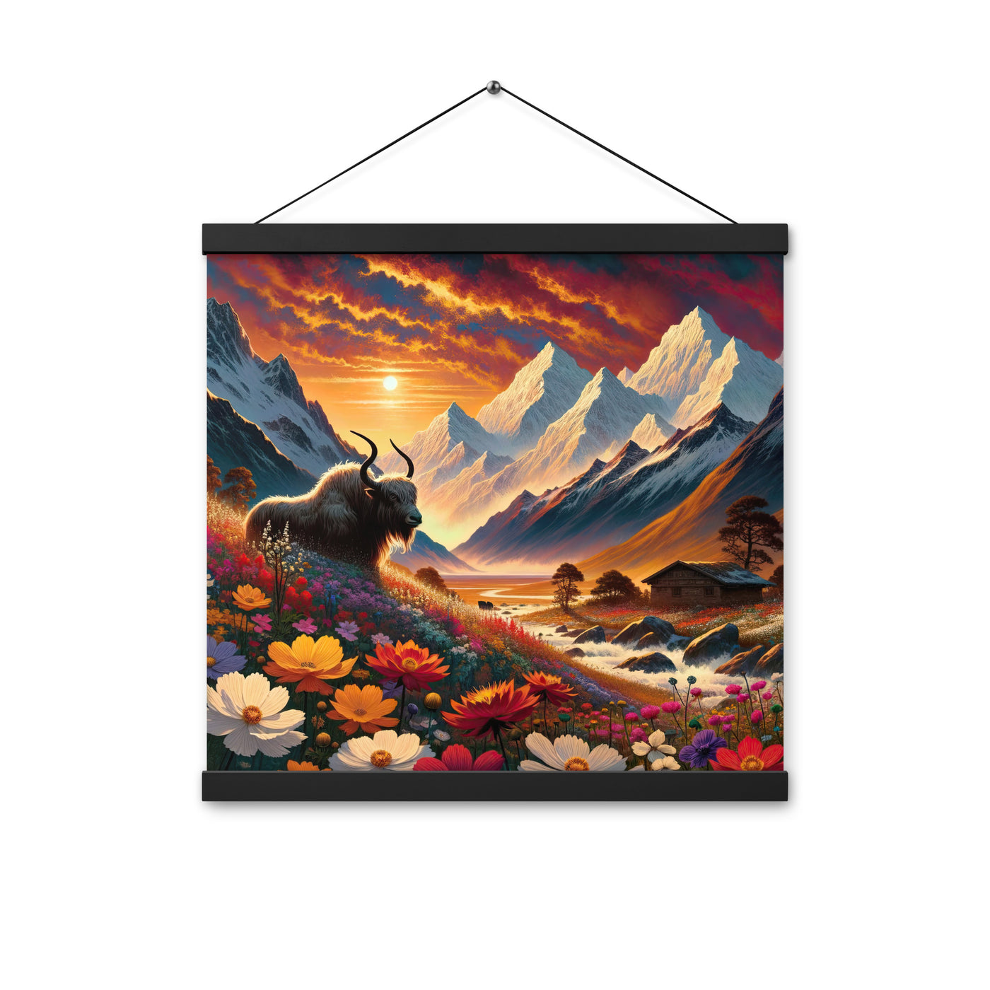Magischer Alpenabend mit Hochlandkuh und goldener Sonnenkulisse - Premium Poster mit Aufhängung berge xxx yyy zzz 40.6 x 40.6 cm