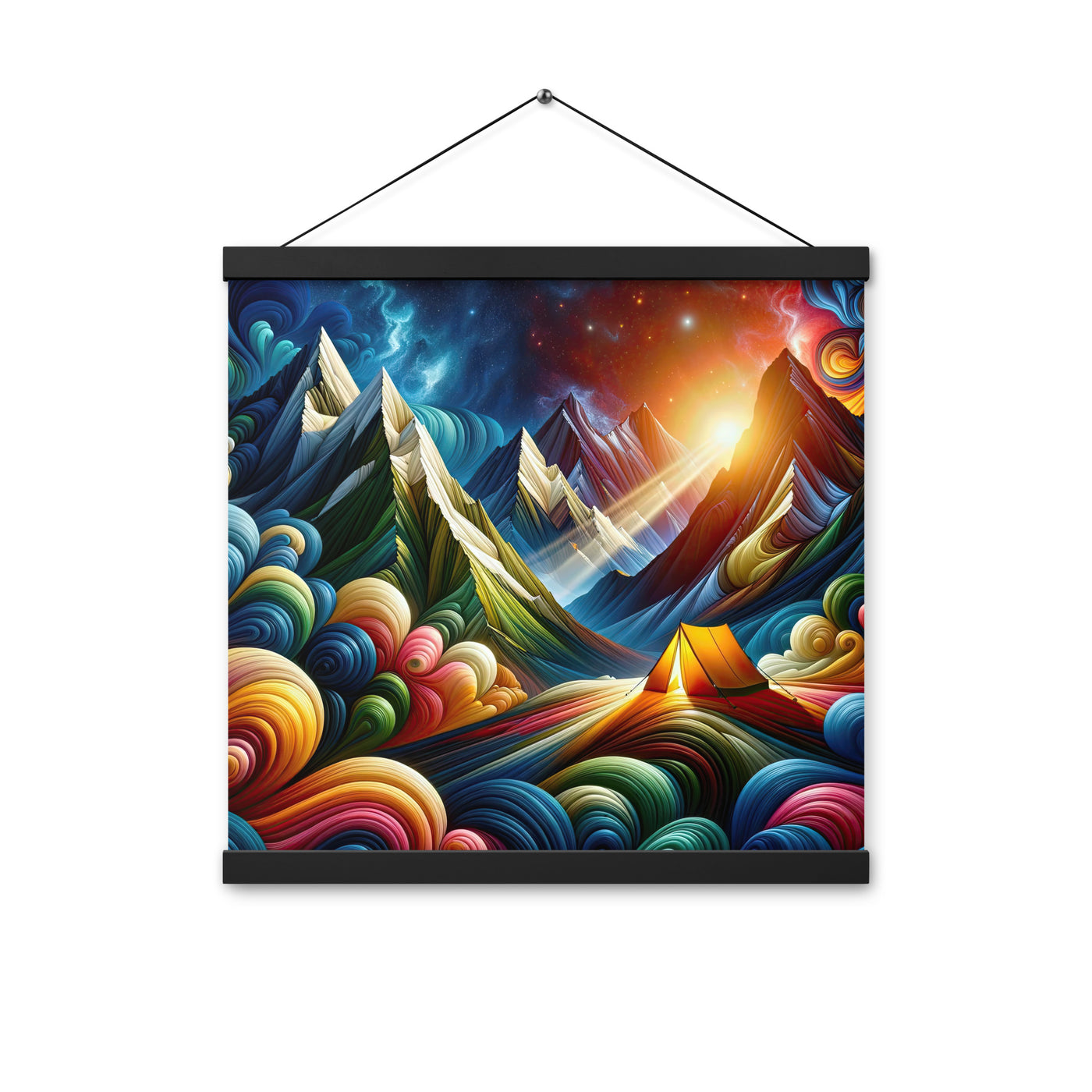 Abstrakte Bergwelt in lebendigen Farben mit Zelt - Premium Poster mit Aufhängung camping xxx yyy zzz 40.6 x 40.6 cm