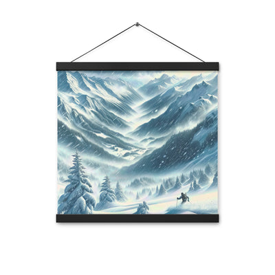 Alpine Wildnis im Wintersturm mit Skifahrer, verschneite Landschaft - Premium Poster mit Aufhängung klettern ski xxx yyy zzz 40.6 x 40.6 cm