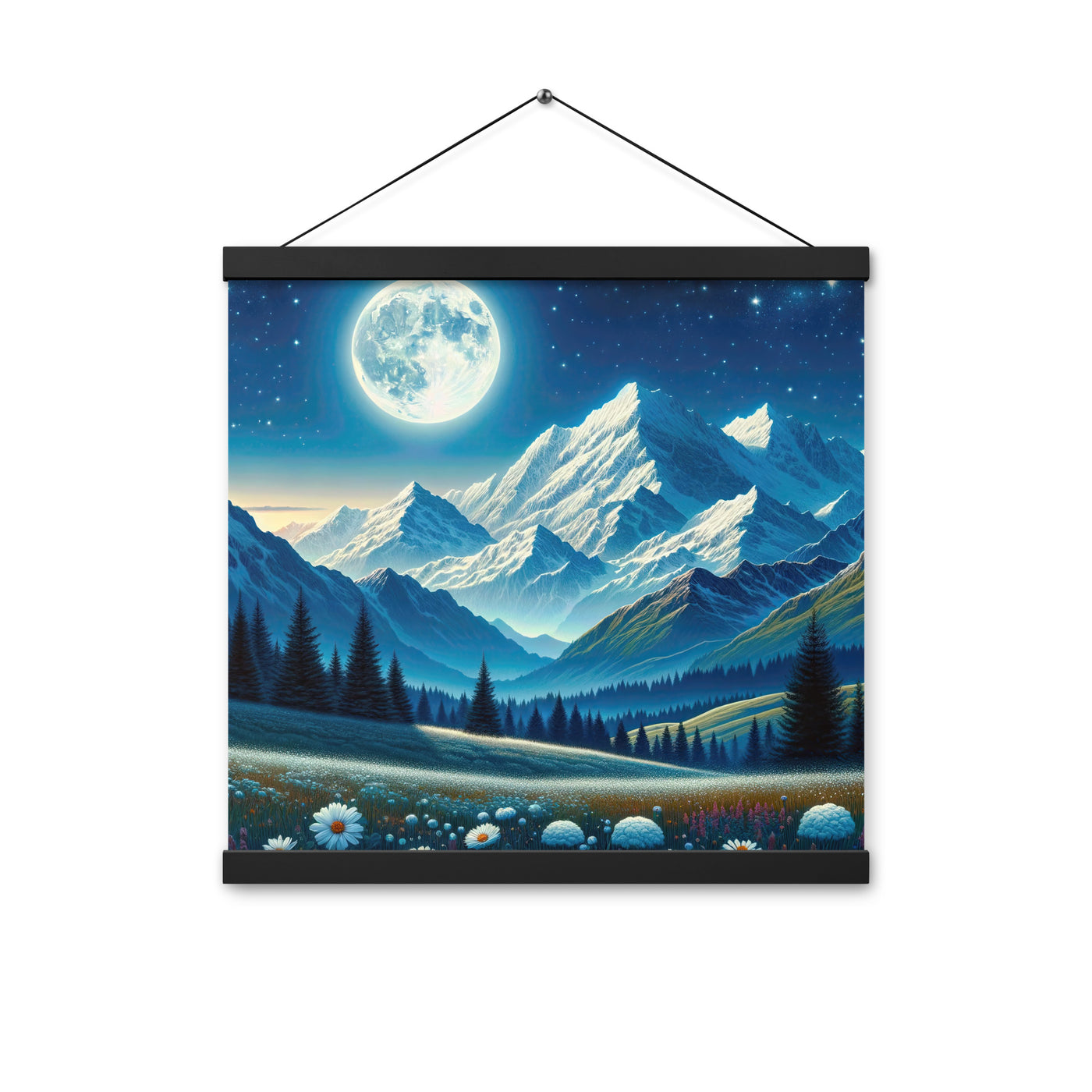 Klare frühlingshafte Alpennacht mit Blumen und Vollmond über Schneegipfeln - Premium Poster mit Aufhängung berge xxx yyy zzz 40.6 x 40.6 cm