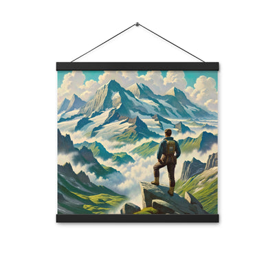 Panoramablick der Alpen mit Wanderer auf einem Hügel und schroffen Gipfeln - Premium Poster mit Aufhängung wandern xxx yyy zzz 40.6 x 40.6 cm