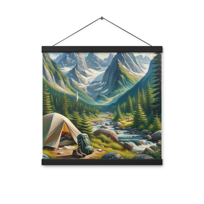 Ölgemälde der Alpensommerlandschaft mit Zelt, Gipfeln, Wäldern und Bächen - Premium Poster mit Aufhängung camping xxx yyy zzz 40.6 x 40.6 cm