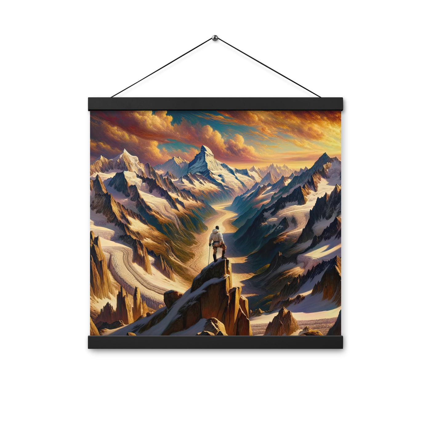 Ölgemälde eines Wanderers auf einem Hügel mit Panoramablick auf schneebedeckte Alpen und goldenen Himmel - Enhanced Matte Paper Poster wandern xxx yyy zzz 40.6 x 40.6 cm