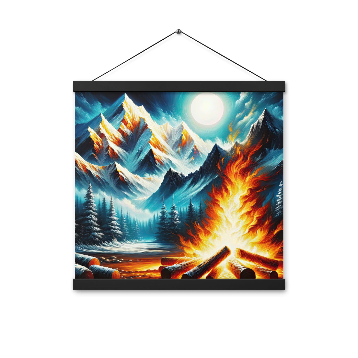 Ölgemälde von Feuer und Eis: Lagerfeuer und Alpen im Kontrast, warme Flammen - Premium Poster mit Aufhängung camping xxx yyy zzz 40.6 x 40.6 cm