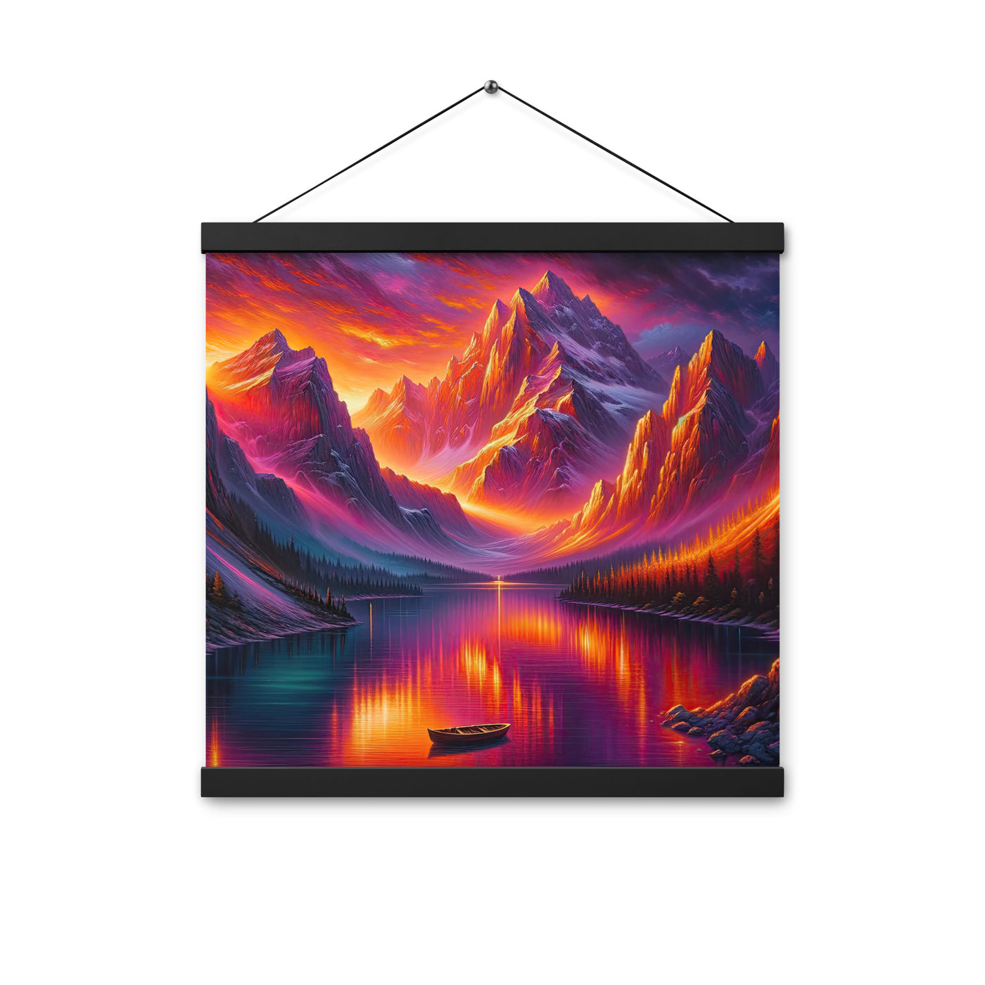 Ölgemälde eines Bootes auf einem Bergsee bei Sonnenuntergang, lebendige Orange-Lila Töne - Premium Poster mit Aufhängung berge xxx yyy zzz 40.6 x 40.6 cm