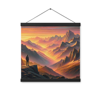 Ölgemälde der Alpen in der goldenen Stunde mit Wanderer, Orange-Rosa Bergpanorama - Premium Poster mit Aufhängung wandern xxx yyy zzz 40.6 x 40.6 cm