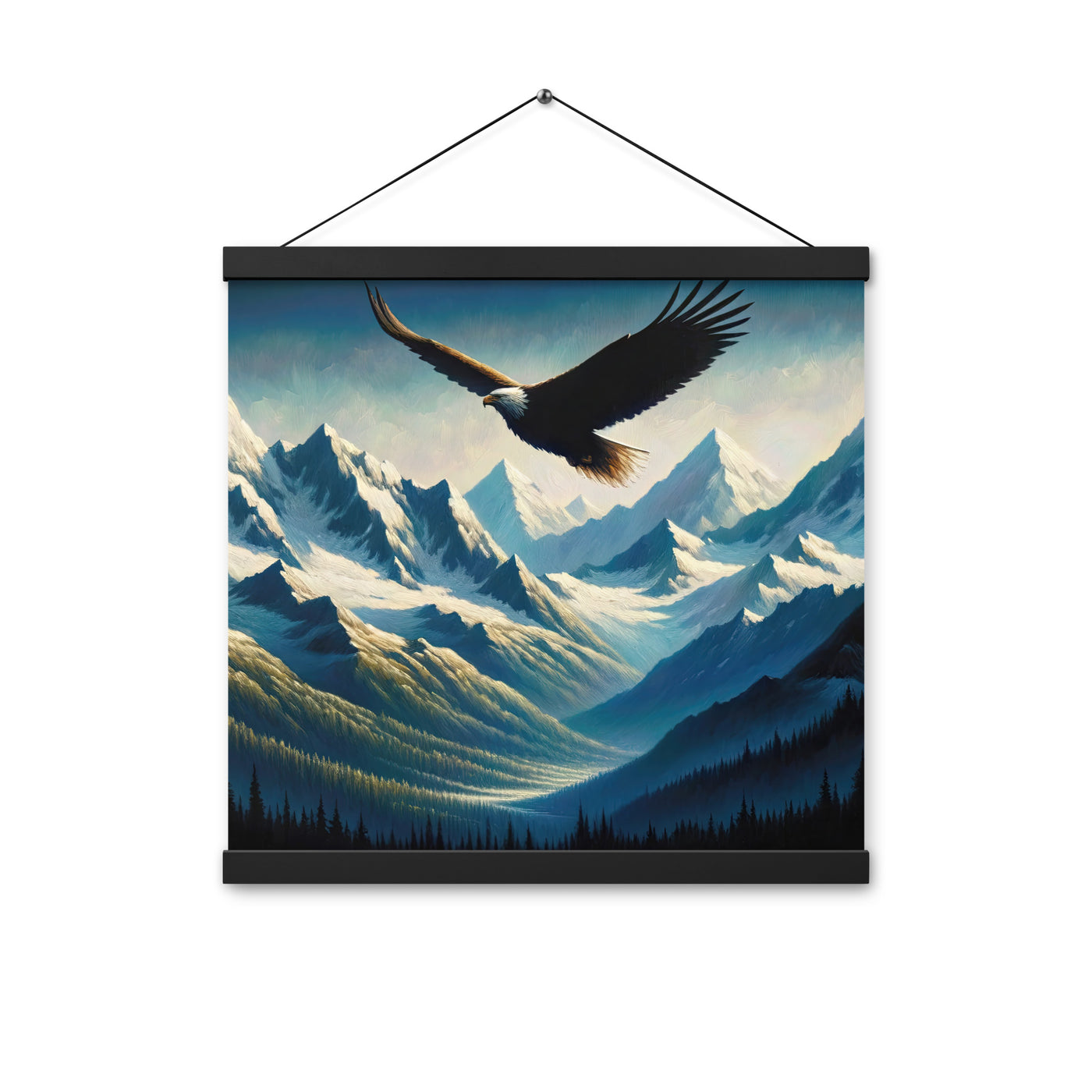 Ölgemälde eines Adlers vor schneebedeckten Bergsilhouetten - Premium Poster mit Aufhängung berge xxx yyy zzz 40.6 x 40.6 cm