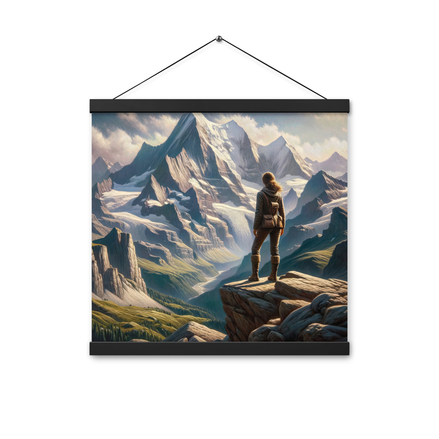Ölgemälde der Alpengipfel mit Schweizer Abenteurerin auf Felsvorsprung - Premium Poster mit Aufhängung wandern xxx yyy zzz 40.6 x 40.6 cm