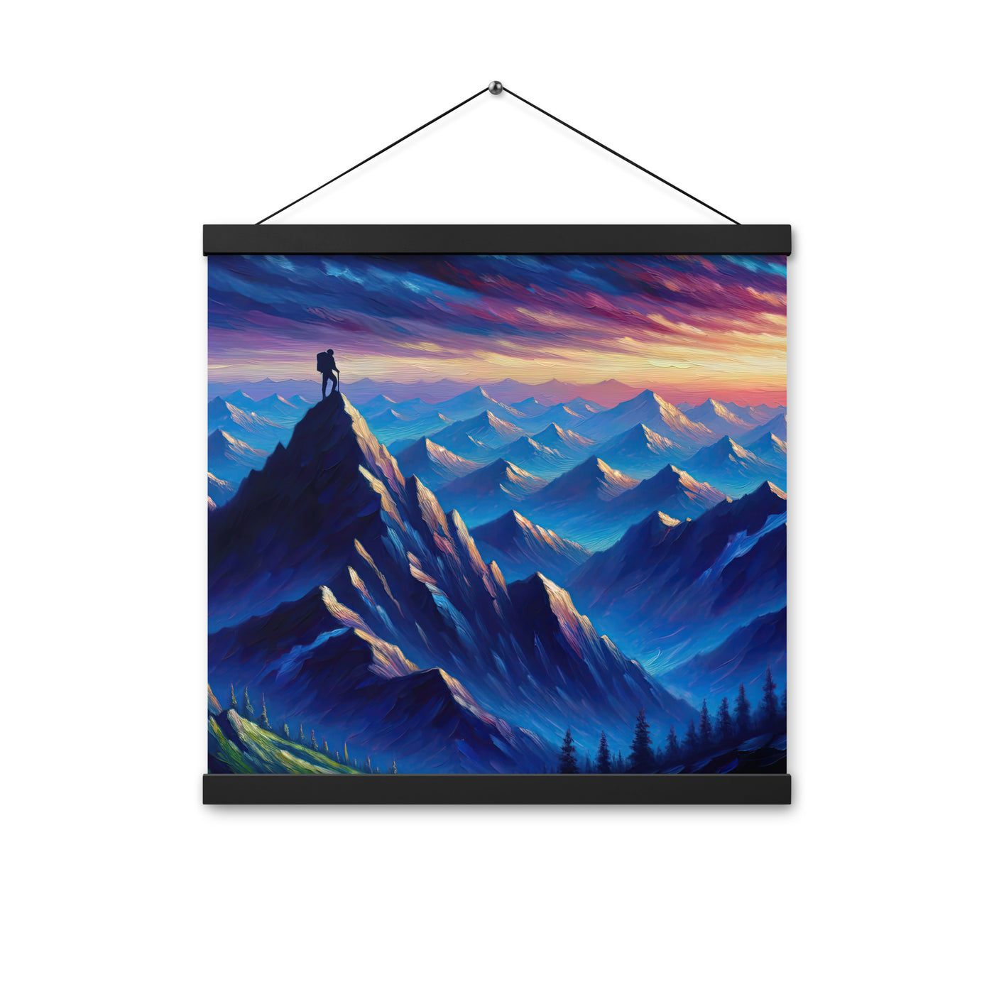 Ölgemälde eines ruhigen Alpenabends mit Bergsteigersilhouette auf dem Gipfel - Premium Poster mit Aufhängung wandern xxx yyy zzz 40.6 x 40.6 cm
