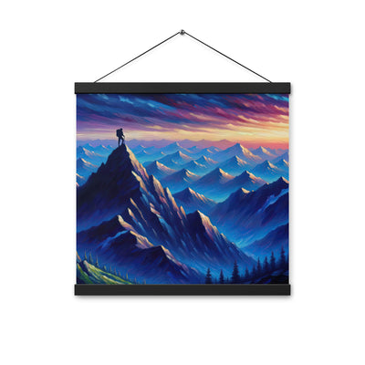 Ölgemälde eines ruhigen Alpenabends mit Bergsteigersilhouette auf dem Gipfel - Premium Poster mit Aufhängung wandern xxx yyy zzz 40.6 x 40.6 cm