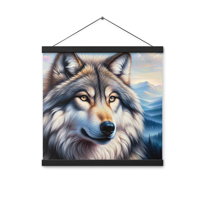Ölgemäldeporträt eines majestätischen Wolfes mit intensiven Augen in der Berglandschaft (AN) - Premium Poster mit Aufhängung xxx yyy zzz 40.6 x 40.6 cm