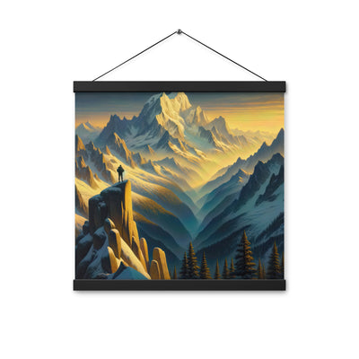 Ölgemälde eines Wanderers bei Morgendämmerung auf Alpengipfeln mit goldenem Sonnenlicht - Premium Poster mit Aufhängung wandern xxx yyy zzz 40.6 x 40.6 cm