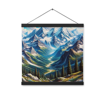 Panorama-Ölgemälde der Alpen mit schneebedeckten Gipfeln und schlängelnden Flusstälern - Premium Poster mit Aufhängung berge xxx yyy zzz 40.6 x 40.6 cm
