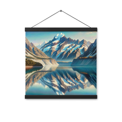 Ölgemälde eines unberührten Sees, der die Bergkette spiegelt - Premium Poster mit Aufhängung berge xxx yyy zzz 40.6 x 40.6 cm