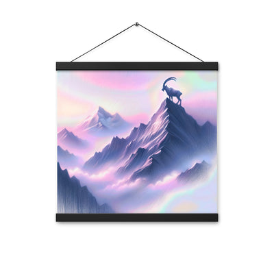 Pastellzeichnung der Alpen im Morgengrauen mit Steinbock in Rosa- und Lavendeltönen - Premium Poster mit Aufhängung berge xxx yyy zzz 40.6 x 40.6 cm