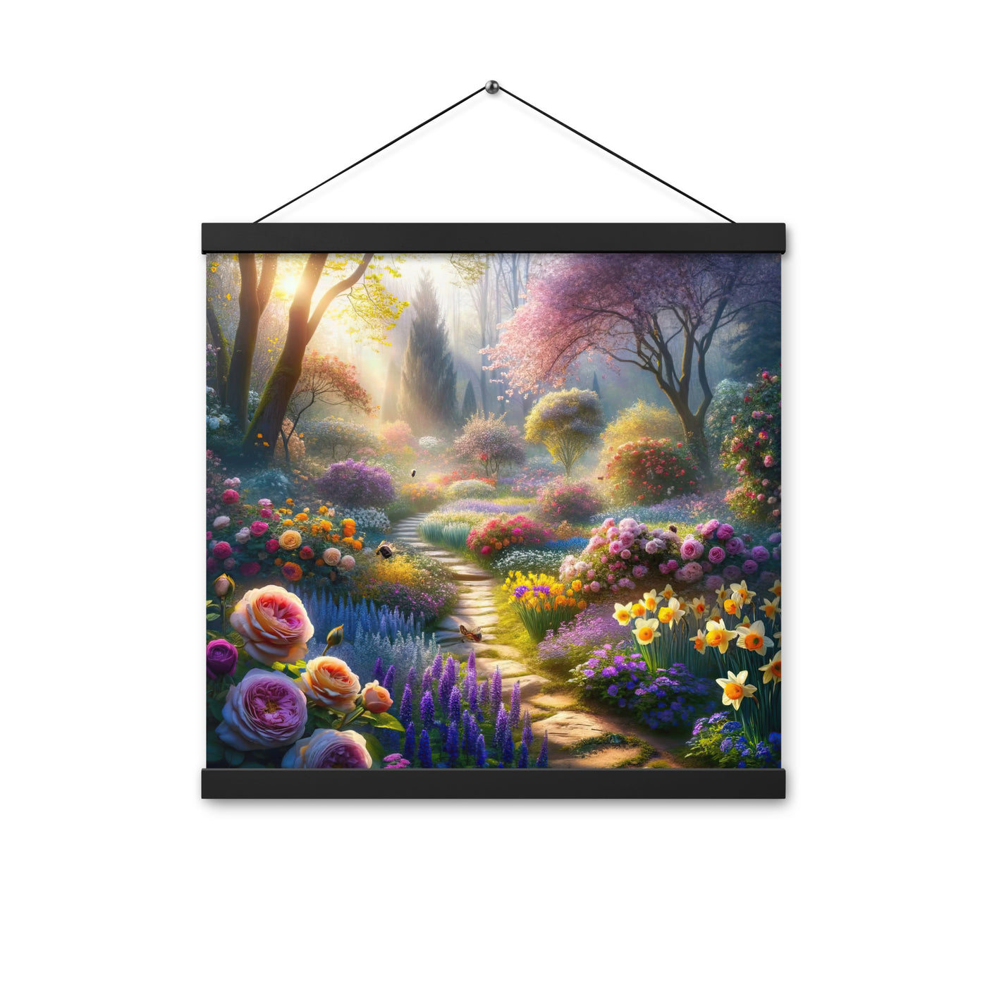 Foto einer Gartenszene im Frühling mit Weg durch blühende Rosen und Veilchen - Premium Poster mit Aufhängung camping xxx yyy zzz 40.6 x 40.6 cm