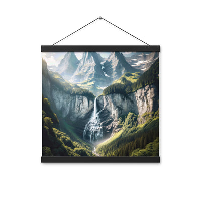 Foto der sommerlichen Alpen mit üppigen Gipfeln und Wasserfall - Premium Poster mit Aufhängung berge xxx yyy zzz 40.6 x 40.6 cm
