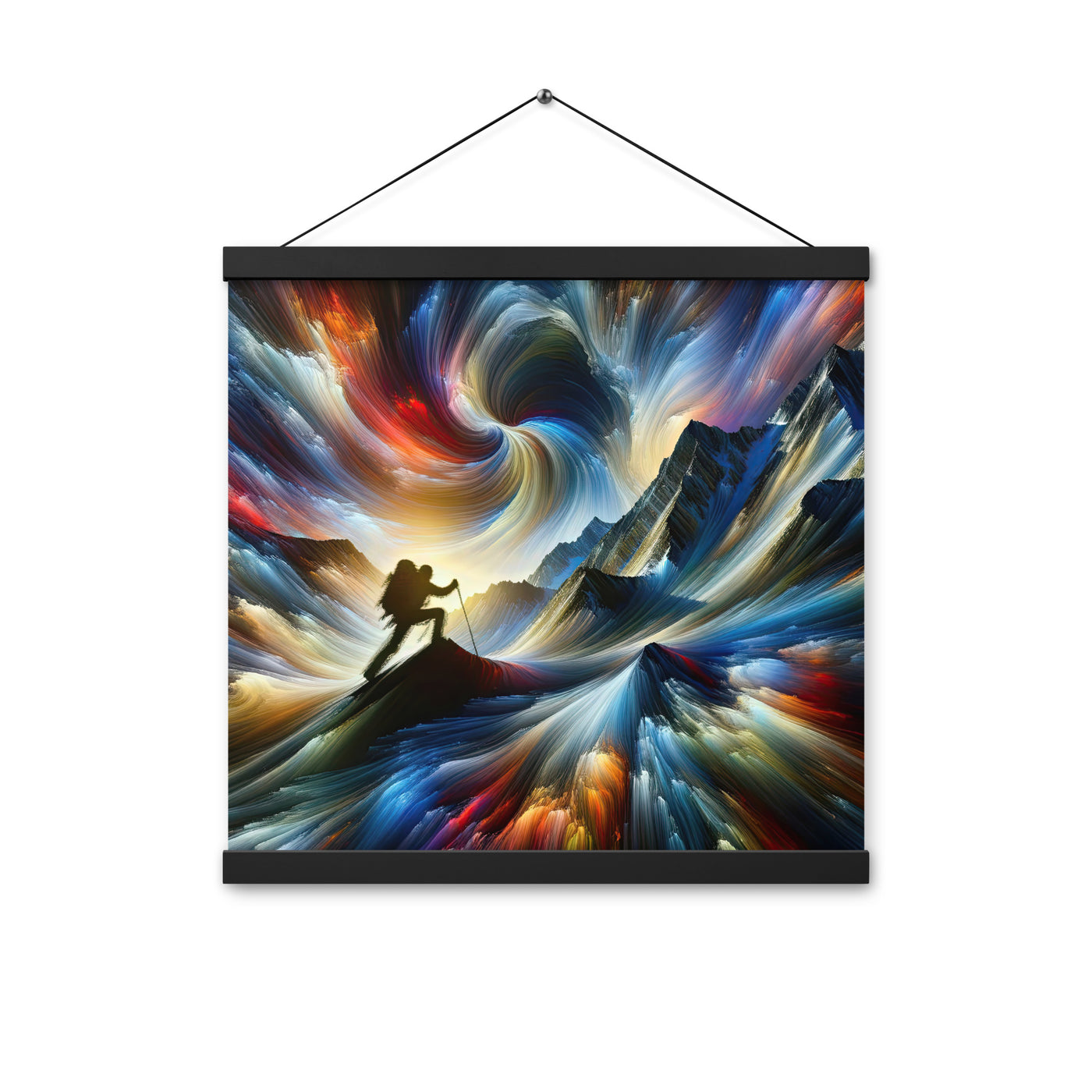 Foto der Alpen in abstrakten Farben mit Bergsteigersilhouette - Premium Poster mit Aufhängung wandern xxx yyy zzz 40.6 x 40.6 cm