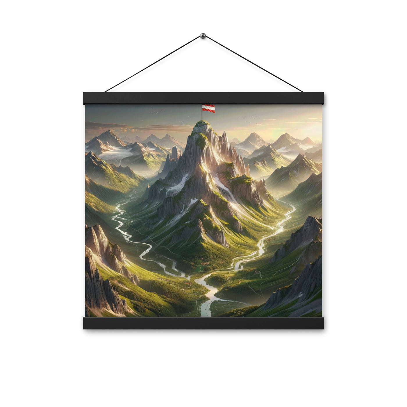 Fotorealistisches Bild der Alpen mit österreichischer Flagge, scharfen Gipfeln und grünen Tälern - Enhanced Matte Paper Poster With berge xxx yyy zzz 40.6 x 40.6 cm
