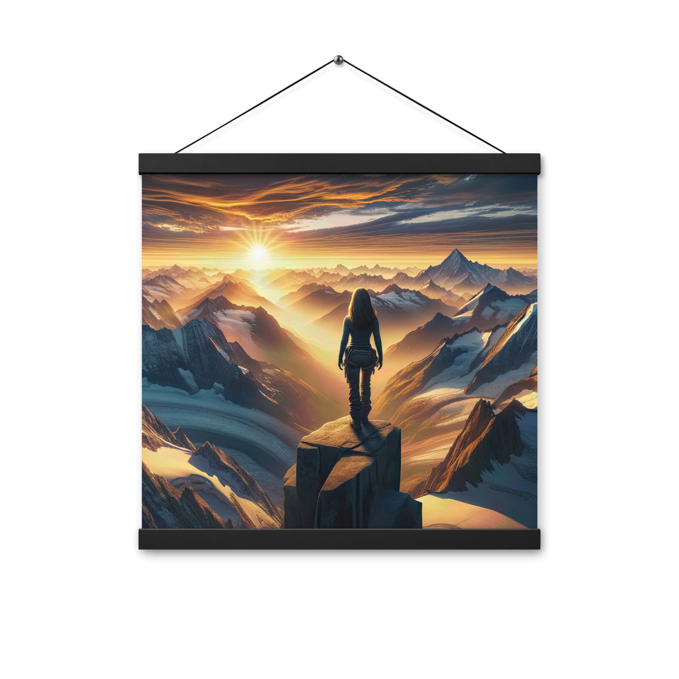 Fotorealistische Darstellung der Alpen bei Sonnenaufgang, Wanderin unter einem gold-purpurnen Himmel - Enhanced Matte Paper Poster With wandern xxx yyy zzz 40.6 x 40.6 cm