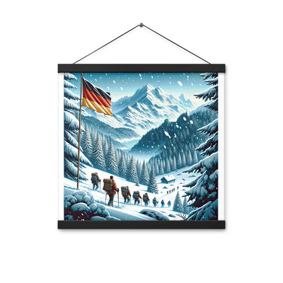Quadratische Winterillustration der Alpen mit deutscher Flagge und Wanderteam - Premium Poster mit Aufhängung wandern xxx yyy zzz 40.6 x 40.6 cm