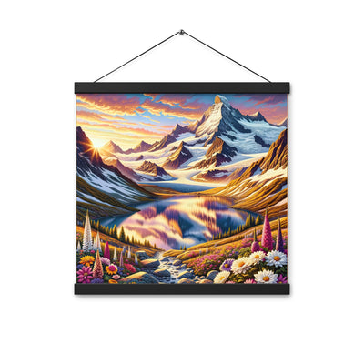 Quadratische Illustration der Alpen mit schneebedeckten Gipfeln und Wildblumen - Premium Poster mit Aufhängung berge xxx yyy zzz 40.6 x 40.6 cm