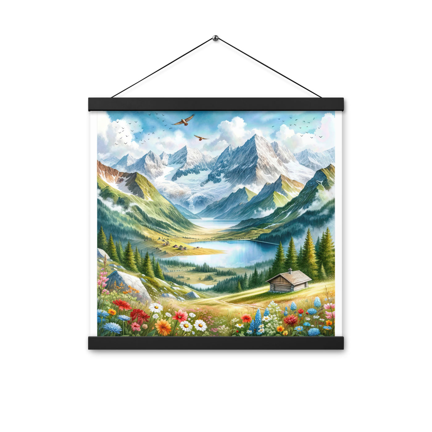 Quadratisches Aquarell der Alpen, Berge mit schneebedeckten Spitzen - Premium Poster mit Aufhängung berge xxx yyy zzz 40.6 x 40.6 cm
