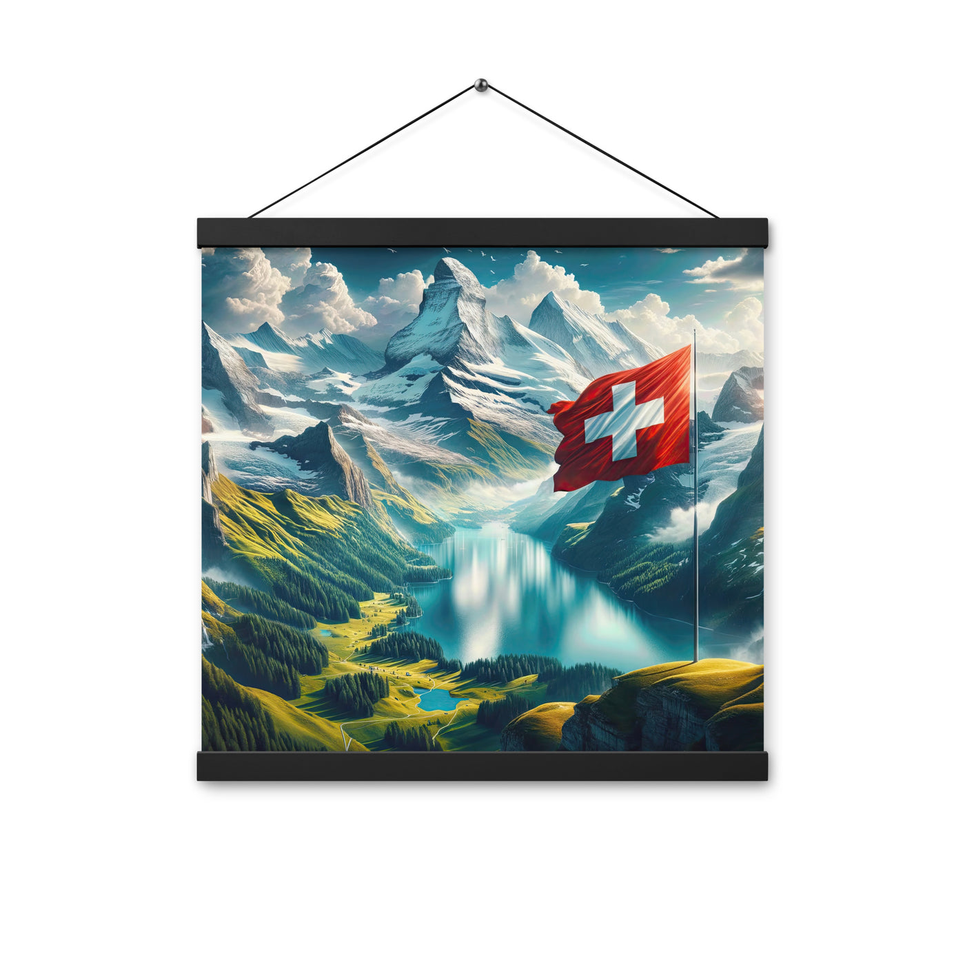 Ultraepische, fotorealistische Darstellung der Schweizer Alpenlandschaft mit Schweizer Flagge - Enhanced Matte Paper Poster With Hanger berge xxx yyy zzz 40.6 x 40.6 cm