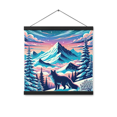 Vektorgrafik eines alpinen Winterwunderlandes mit schneebedeckten Kiefern und einem Fuchs - Premium Poster mit Aufhängung camping xxx yyy zzz 40.6 x 40.6 cm