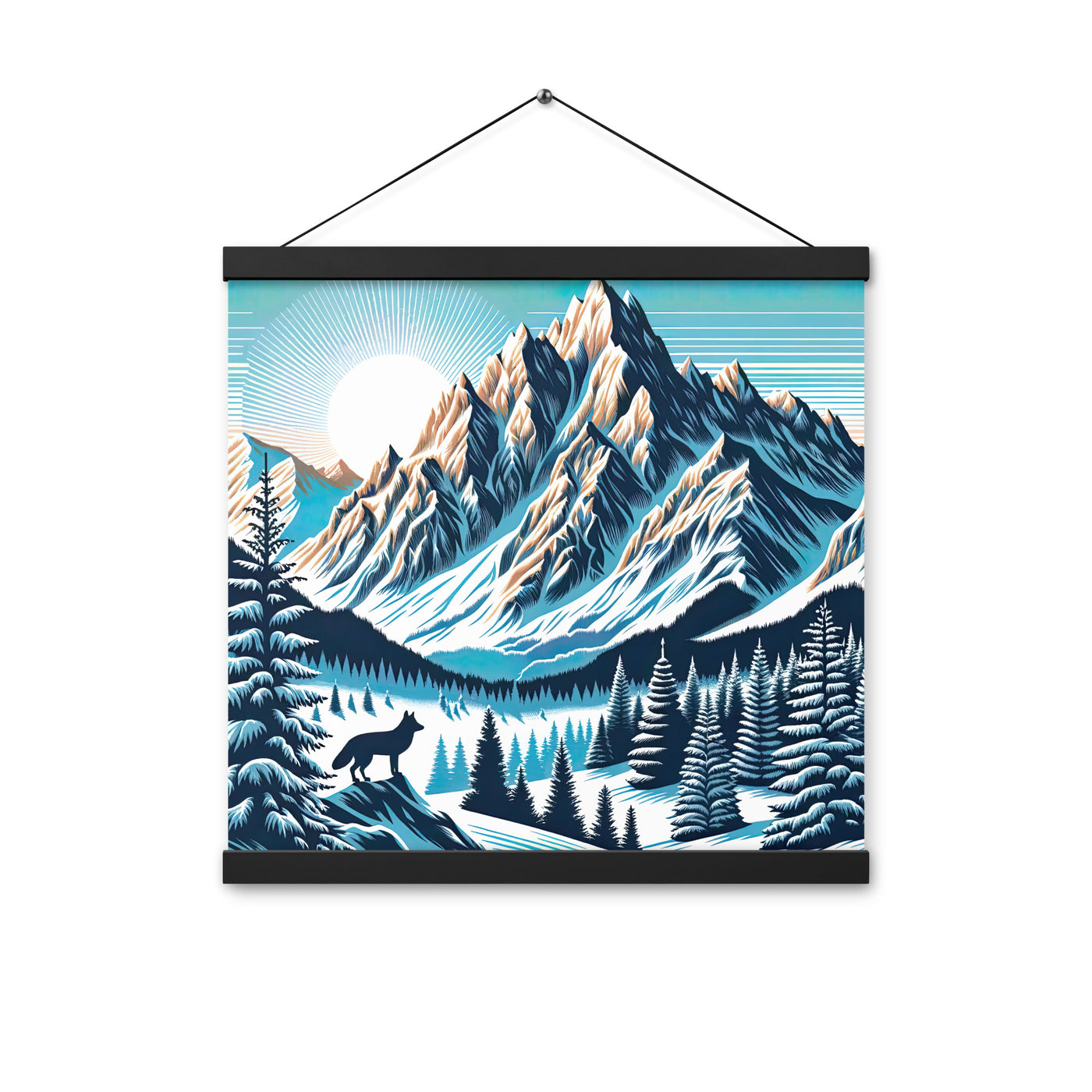 Vektorgrafik eines Wolfes im winterlichen Alpenmorgen, Berge mit Schnee- und Felsmustern - Premium Poster mit Aufhängung berge xxx yyy zzz 40.6 x 40.6 cm