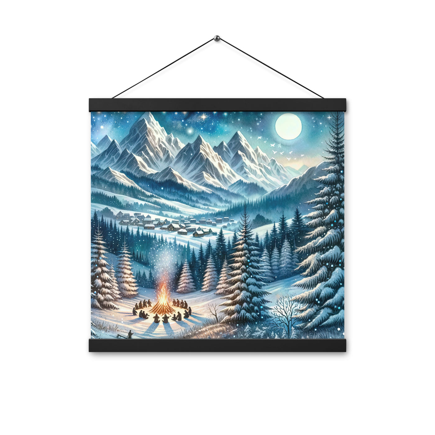 Aquarell eines Winterabends in den Alpen mit Lagerfeuer und Wanderern, glitzernder Neuschnee - Enhanced Matte Paper Poster With Hanger camping xxx yyy zzz 40.6 x 40.6 cm