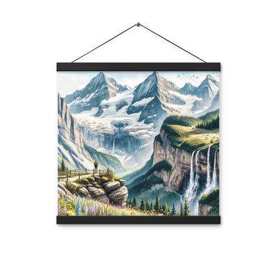 Aquarell-Panoramablick der Alpen mit schneebedeckten Gipfeln, Wasserfällen und Wanderern - Premium Poster mit Aufhängung wandern xxx yyy zzz 40.6 x 40.6 cm