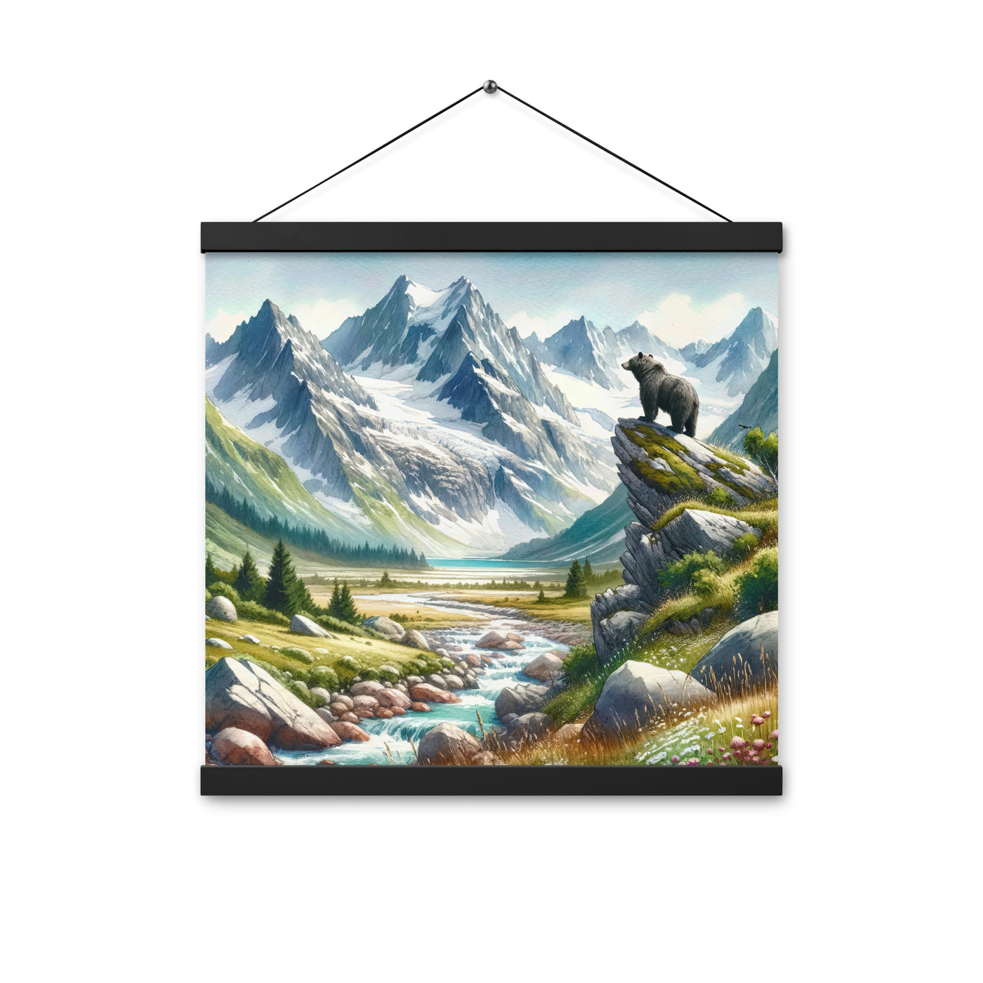 Aquarellmalerei eines Bären und der sommerlichen Alpenschönheit mit schneebedeckten Ketten - Enhanced Matte Paper Poster With Hanger camping xxx yyy zzz 40.6 x 40.6 cm