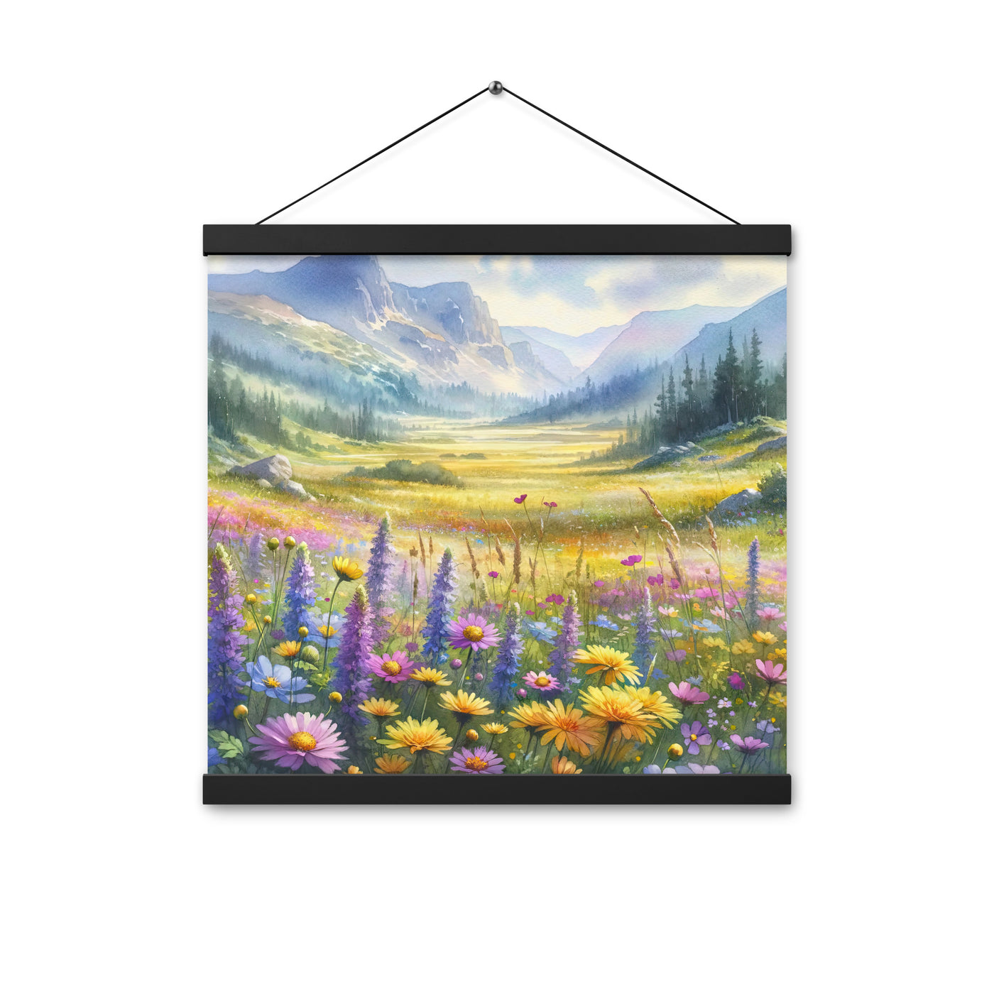 Aquarell einer Almwiese in Ruhe, Wildblumenteppich in Gelb, Lila, Rosa - Premium Poster mit Aufhängung berge xxx yyy zzz 40.6 x 40.6 cm