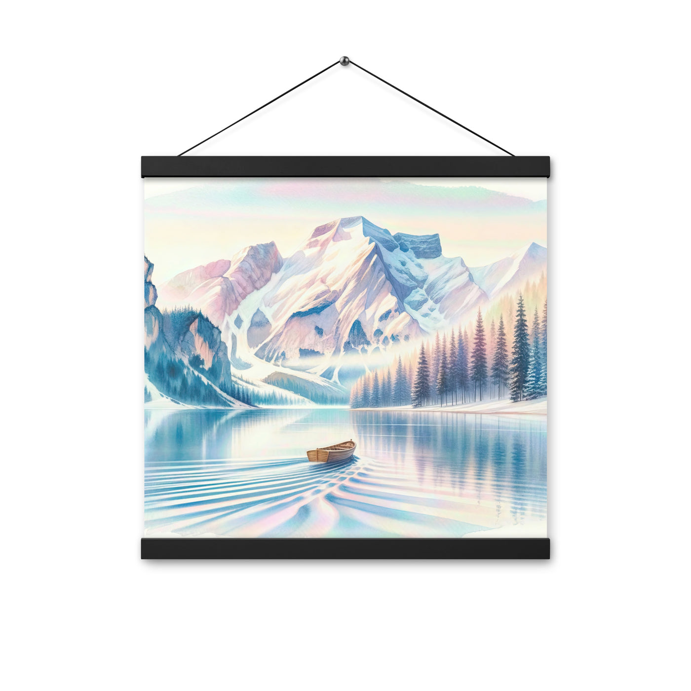 Aquarell eines klaren Alpenmorgens, Boot auf Bergsee in Pastelltönen - Premium Poster mit Aufhängung berge xxx yyy zzz 40.6 x 40.6 cm