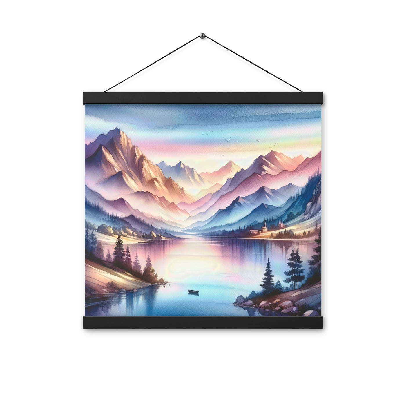 Aquarell einer Dämmerung in den Alpen, Boot auf einem See in Pastell-Licht - Premium Poster mit Aufhängung berge xxx yyy zzz 40.6 x 40.6 cm