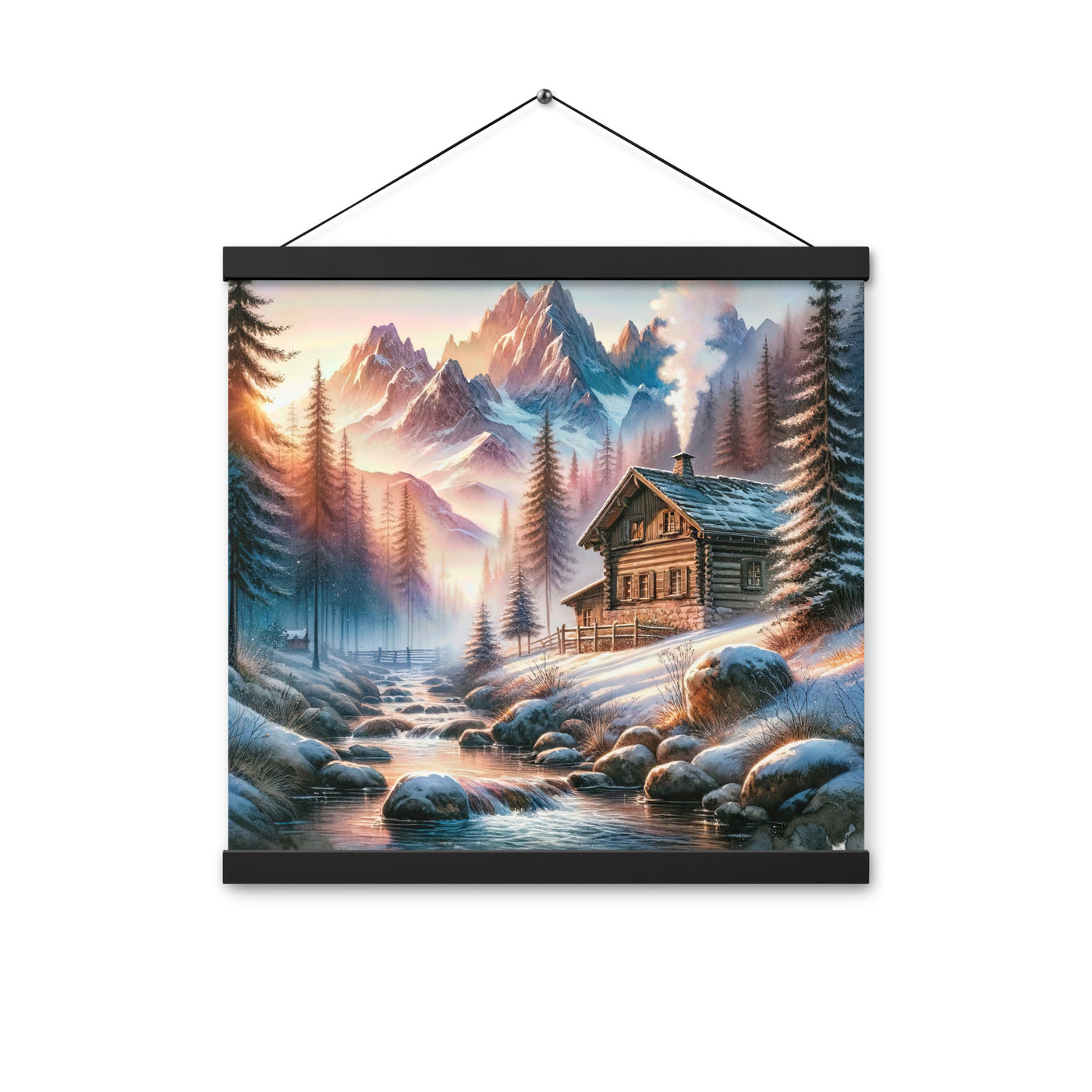 Aquarell einer Alpenszene im Morgengrauen, Haus in den Bergen - Premium Poster mit Aufhängung berge xxx yyy zzz 40.6 x 40.6 cm