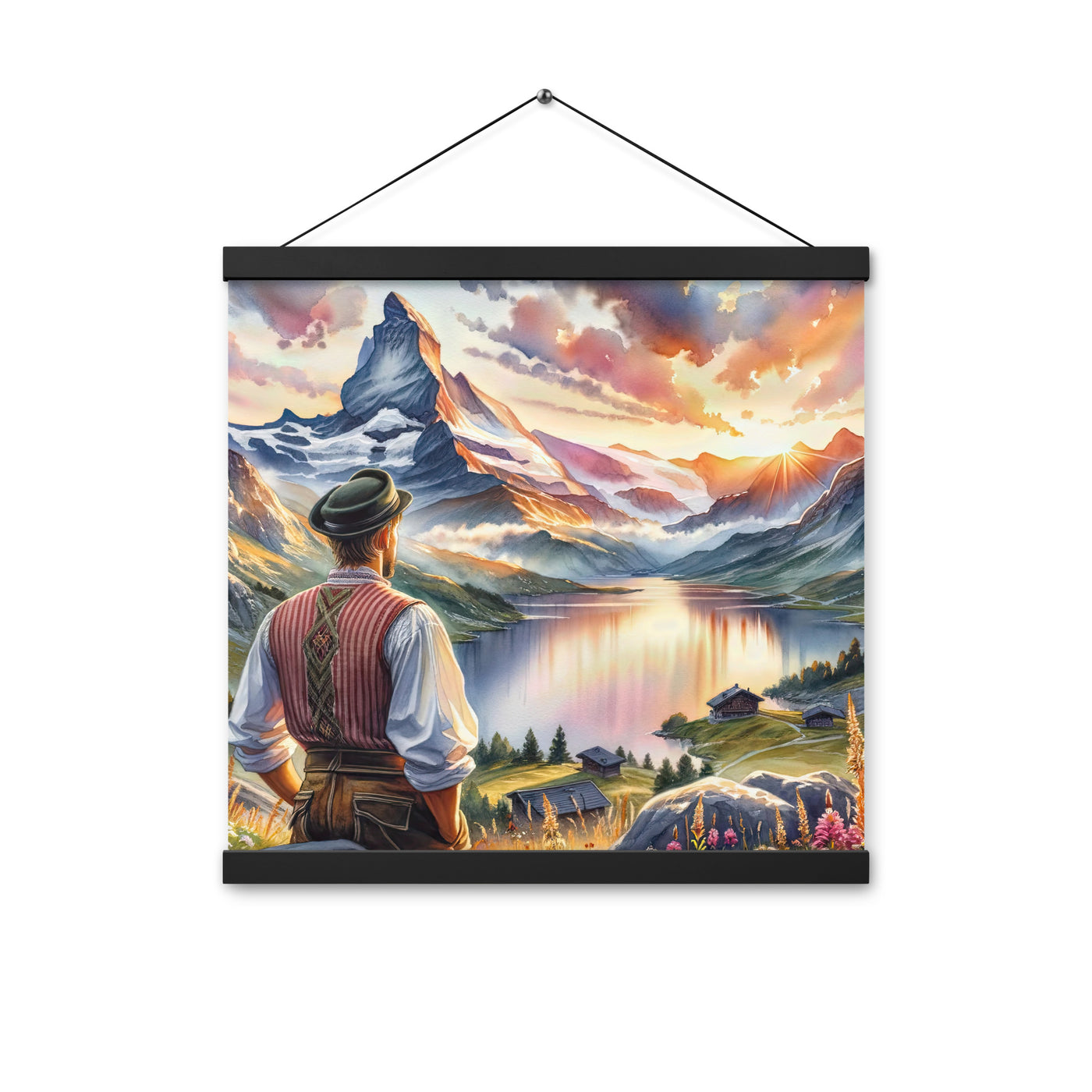 Aquarell einer Berglandschaft in der goldenen Stunde mit österreichischem Wanderer - Premium Poster mit Aufhängung wandern xxx yyy zzz 40.6 x 40.6 cm