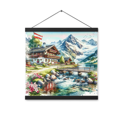 Aquarell der frühlingshaften Alpenkette mit österreichischer Flagge und schmelzendem Schnee - Enhanced Matte Paper Poster With Hanger berge xxx yyy zzz 40.6 x 40.6 cm