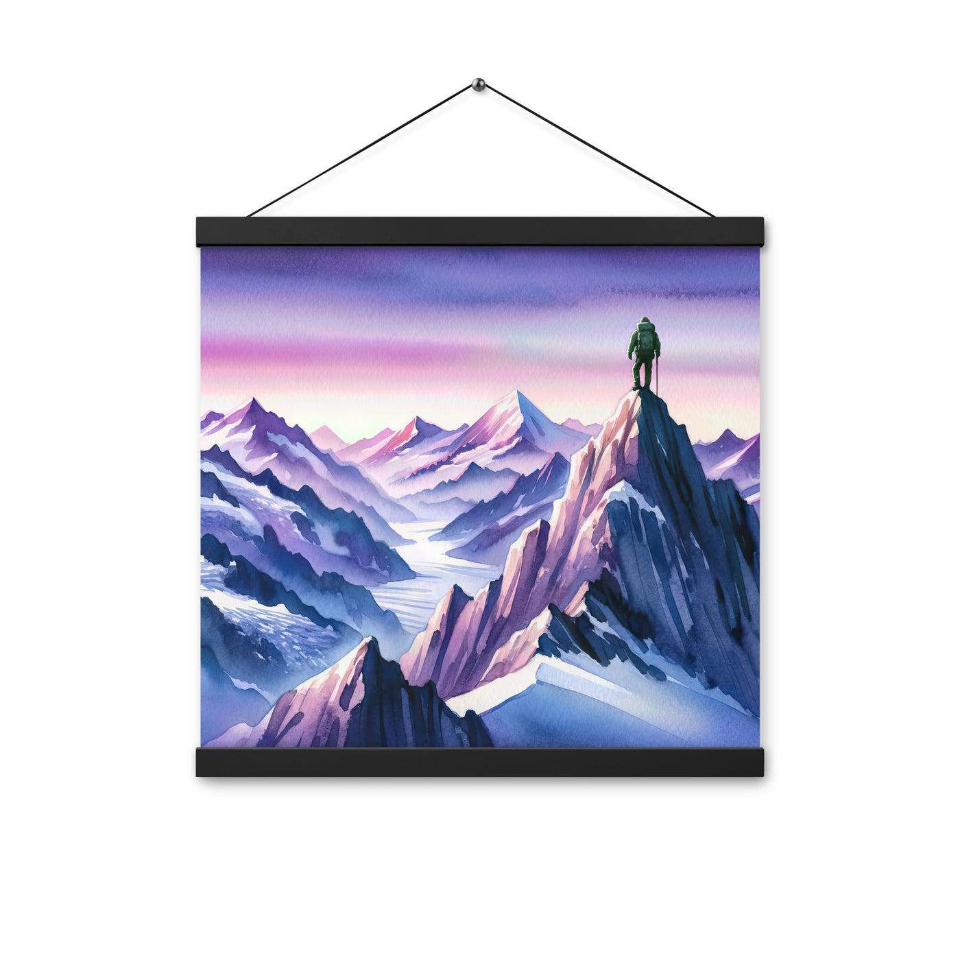 Aquarell eines Bergsteigers auf einem Alpengipfel in der Abenddämmerung - Premium Poster mit Aufhängung wandern xxx yyy zzz 40.6 x 40.6 cm