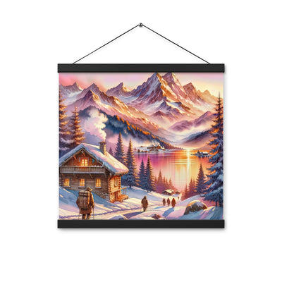 Aquarell eines Alpenpanoramas mit Wanderern bei Sonnenuntergang in Rosa und Gold - Premium Poster mit Aufhängung wandern xxx yyy zzz 40.6 x 40.6 cm