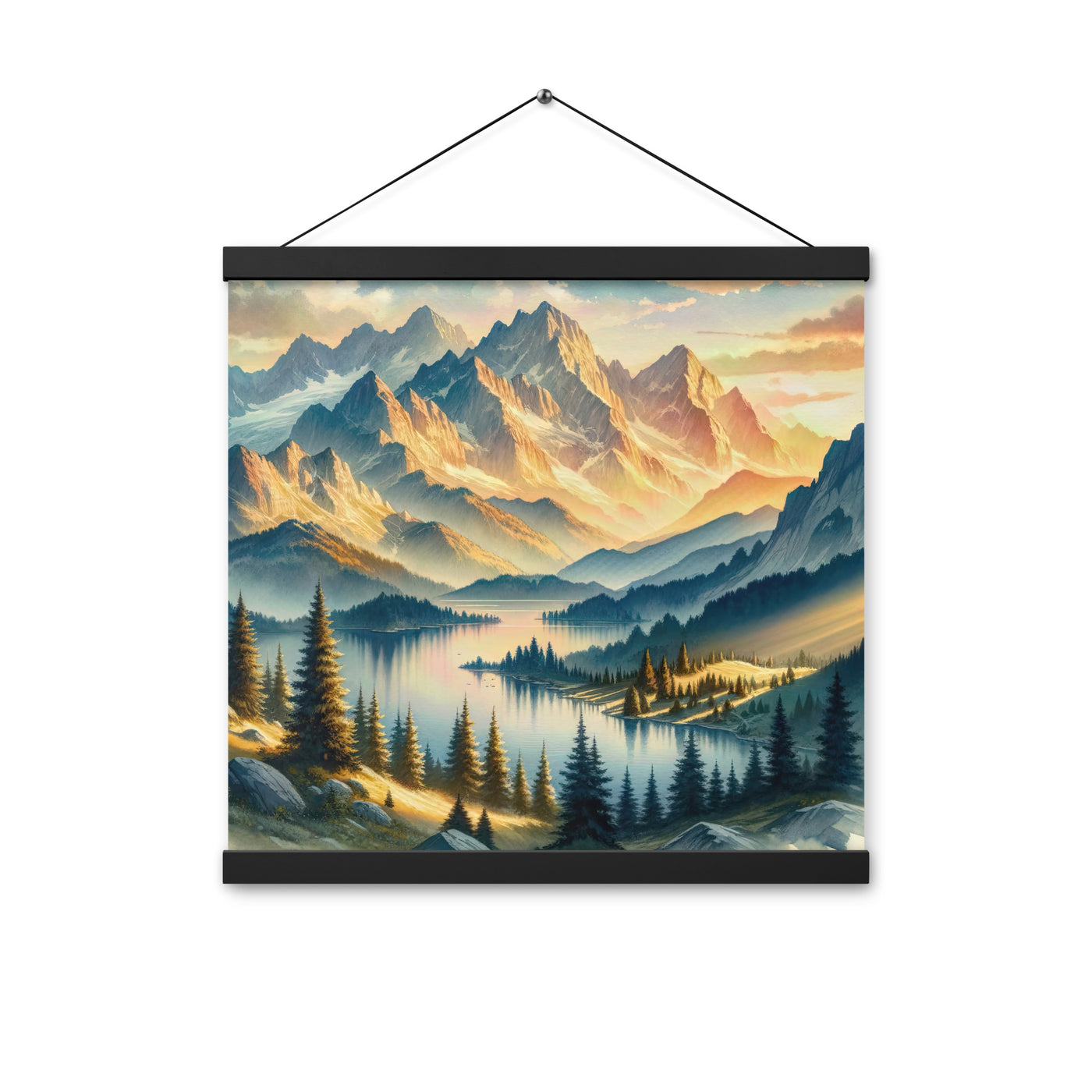 Aquarell der Alpenpracht bei Sonnenuntergang, Berge im goldenen Licht - Premium Poster mit Aufhängung berge xxx yyy zzz 40.6 x 40.6 cm