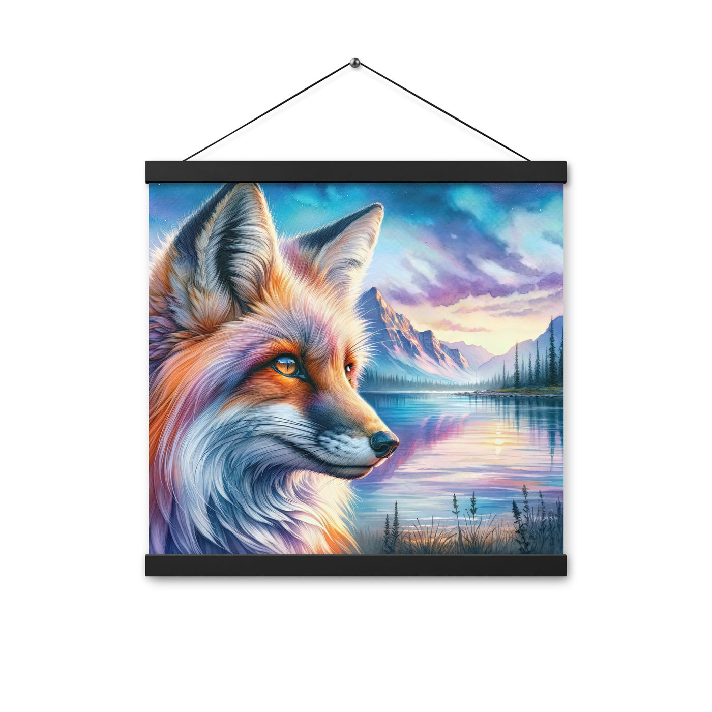 Aquarellporträt eines Fuchses im Dämmerlicht am Bergsee - Premium Poster mit Aufhängung camping xxx yyy zzz 40.6 x 40.6 cm