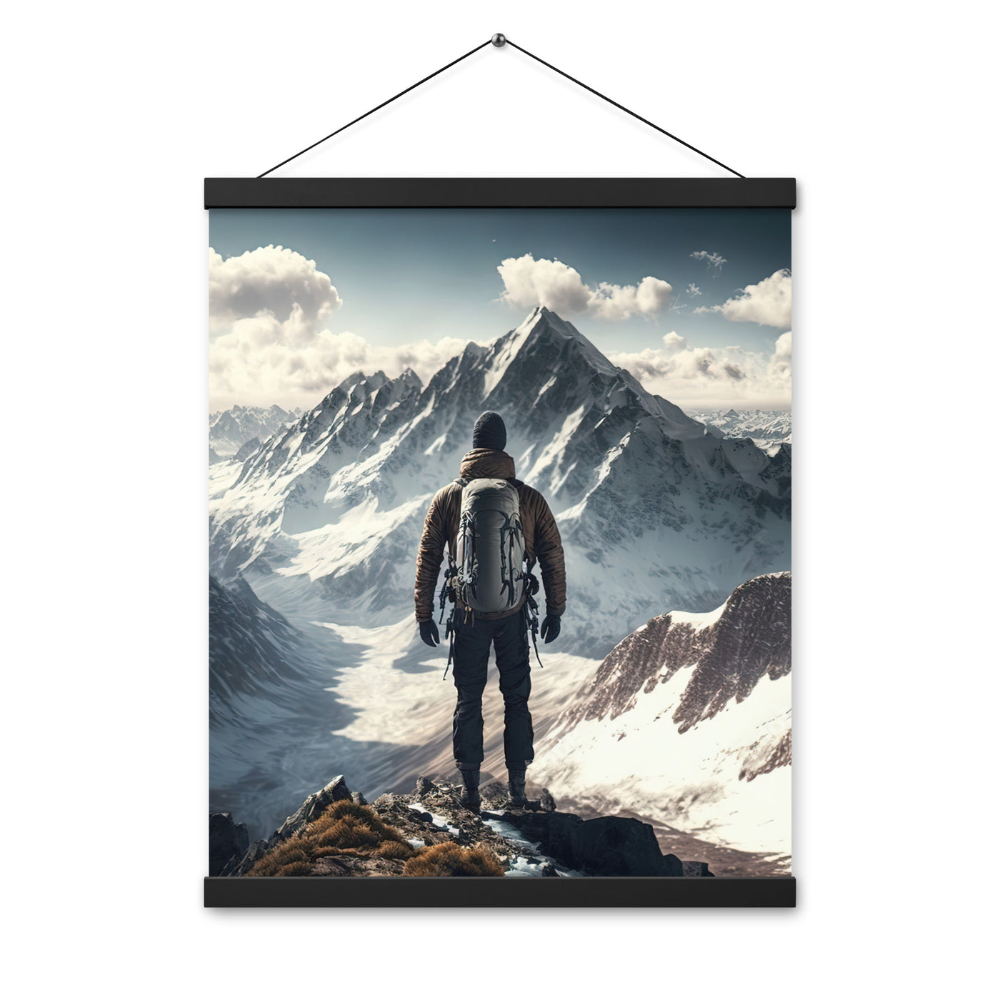 Wanderer auf Berg von hinten - Malerei - Premium Poster mit Aufhängung berge xxx Black 40.6 x 50.8 cm