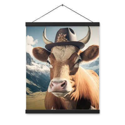 Kuh mit Hut in den Alpen - Berge im Hintergrund - Landschaftsmalerei - Premium Poster mit Aufhängung berge xxx Black 40.6 x 50.8 cm