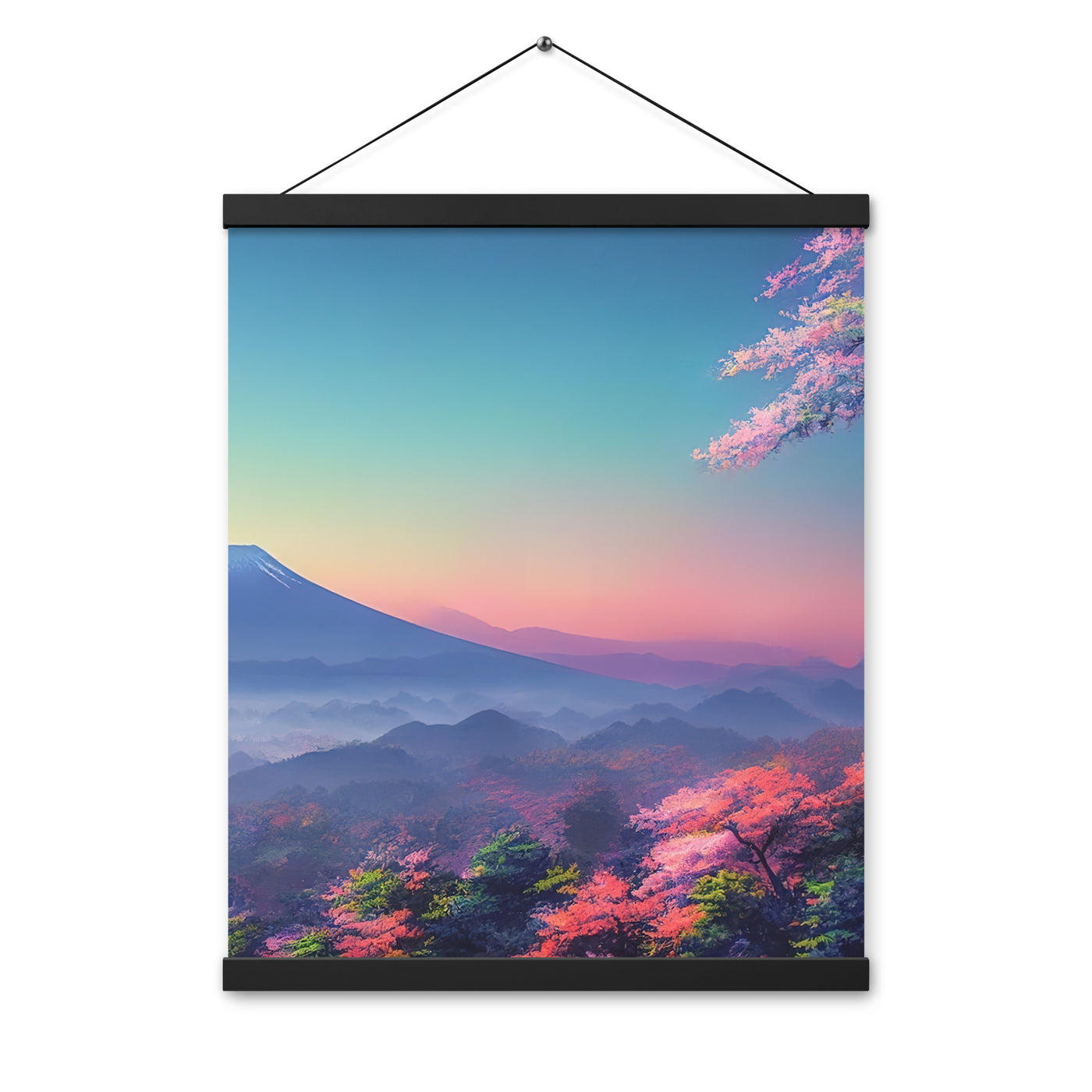 Berg und Wald mit pinken Bäumen - Landschaftsmalerei - Premium Poster mit Aufhängung berge xxx Black 40.6 x 50.8 cm