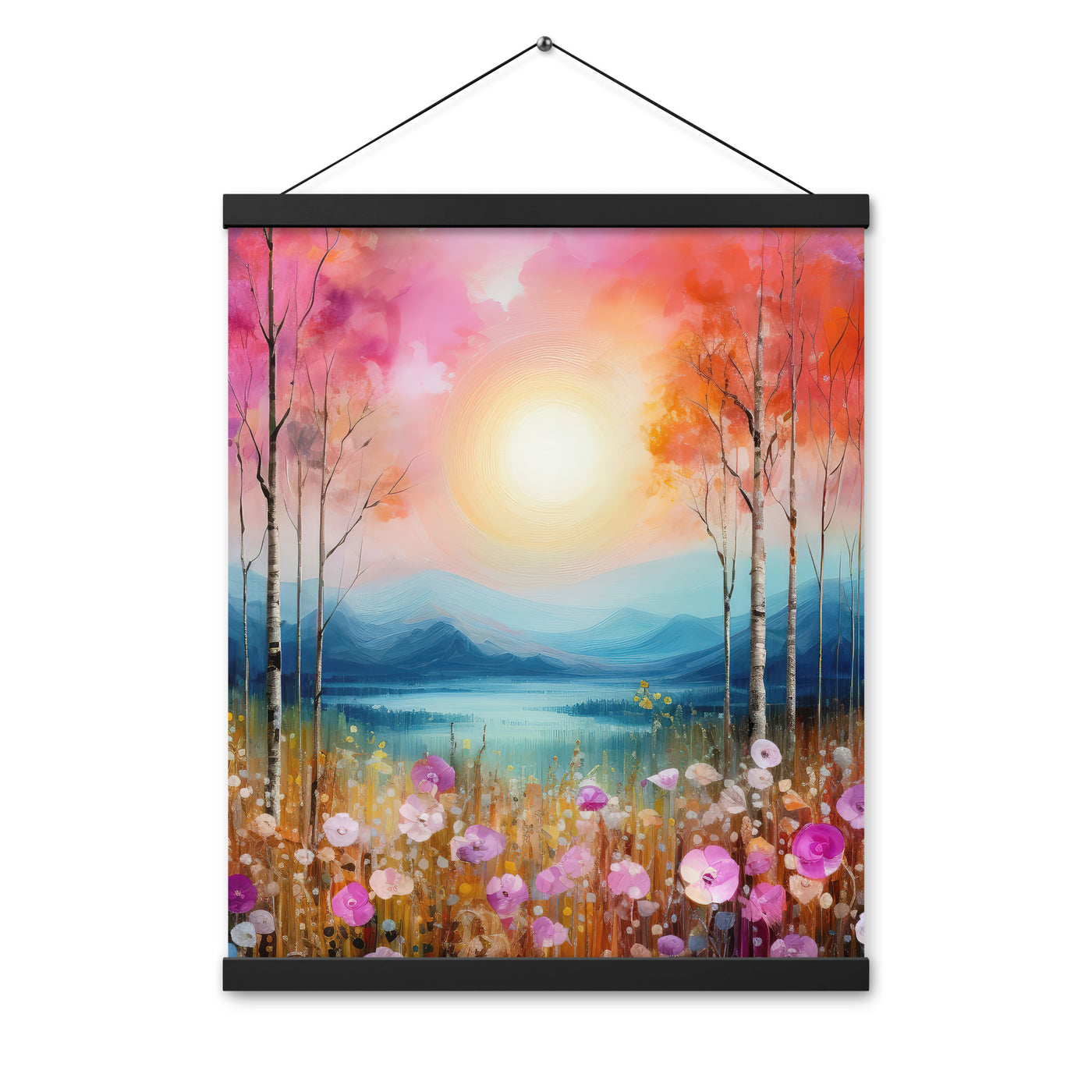 Berge, See, pinke Bäume und Blumen - Malerei - Premium Poster mit Aufhängung berge xxx 40.6 x 50.8 cm