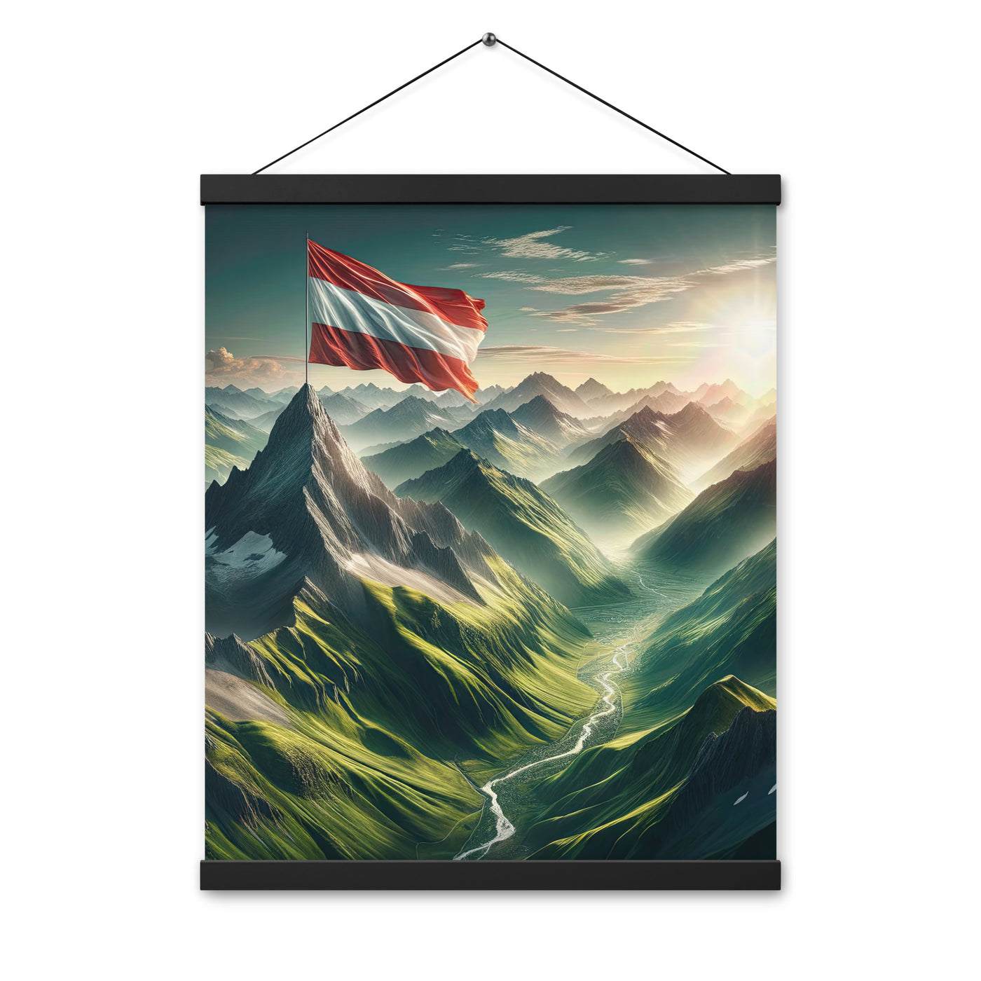 Alpen Gebirge: Fotorealistische Bergfläche mit Österreichischer Flagge - Premium Poster mit Aufhängung berge xxx yyy zzz 40.6 x 50.8 cm