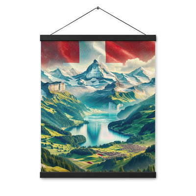 Berg Panorama: Schneeberge und Täler mit Schweizer Flagge - Premium Poster mit Aufhängung berge xxx yyy zzz 40.6 x 50.8 cm