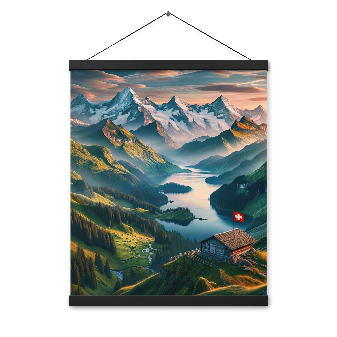 Schweizer Flagge, Alpenidylle: Dämmerlicht, epische Berge und stille Gewässer - Premium Poster mit Aufhängung berge xxx yyy zzz 40.6 x 50.8 cm